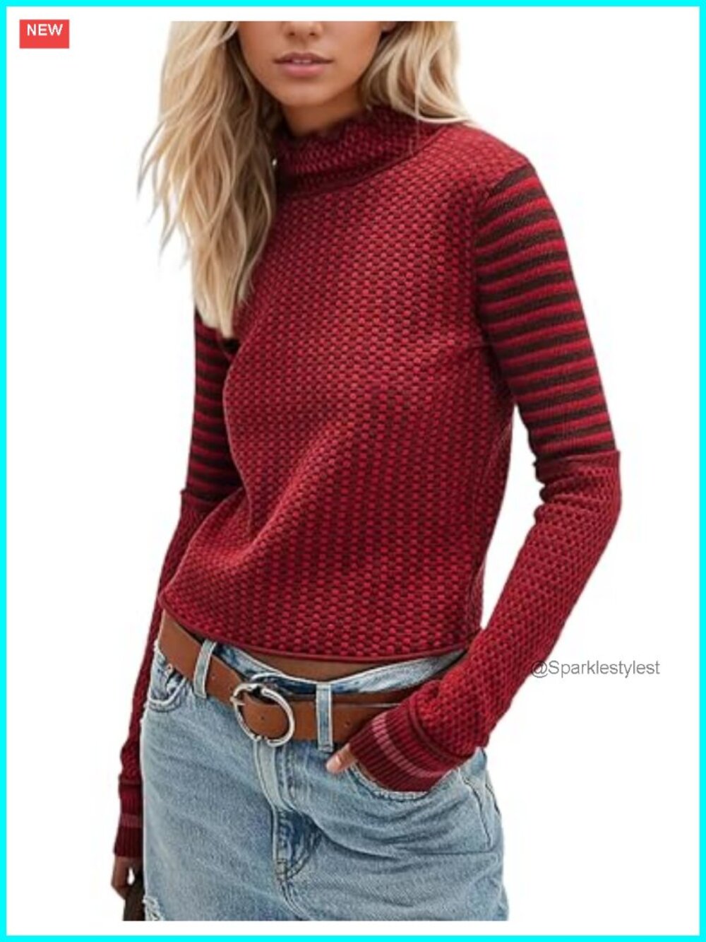Women's Long Sleeve Mock Neck Plaid Sweater Slim Fit Knitted Pullover